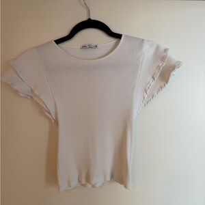 Zara Ivory Ribbed Flutter-Sleeve Tee
